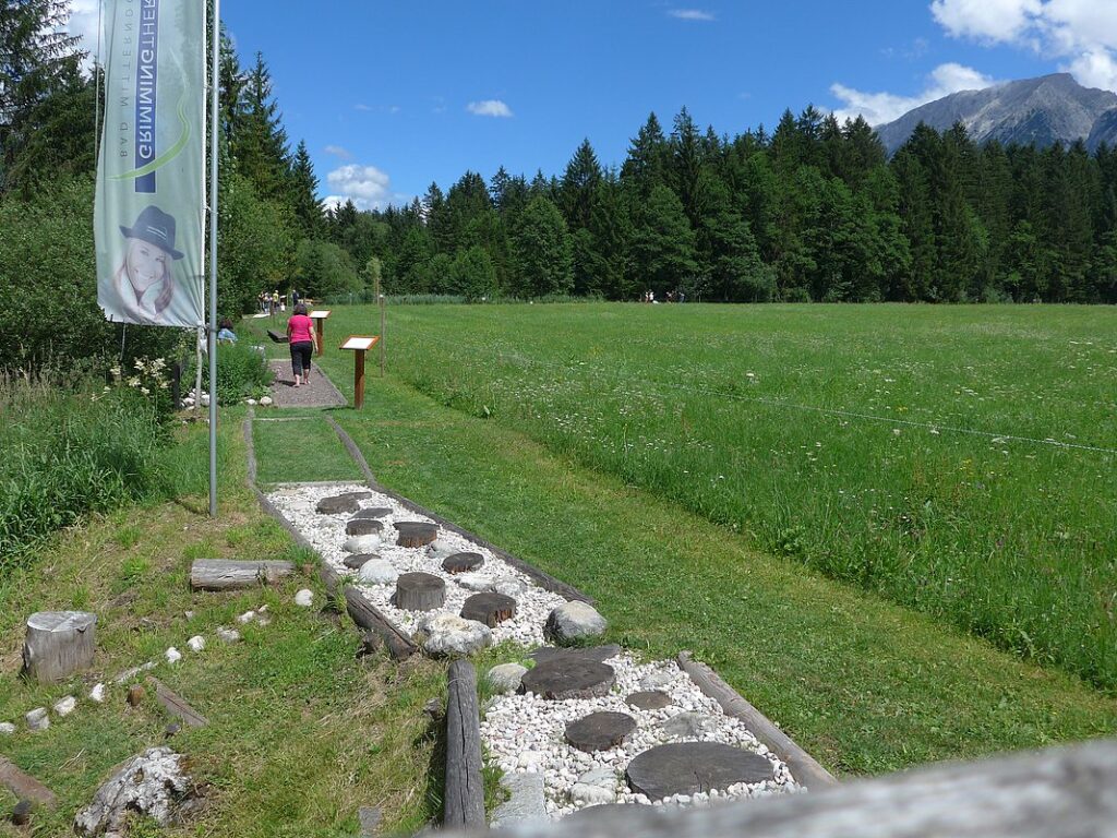 Pebble-filled footpath with wooden stepping stones runs through a grassy field toward a person in a pink shirt walking; banner on left, trees and mountains in the distance.